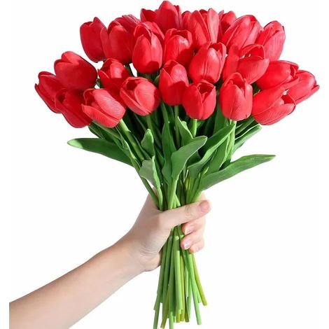 SANYU Lot de 15 Tulipes Artificielles Rouges 35cm, Fleurs en Soie pour Bouquet Mariage, Fête des Mères, Maison (1/5)