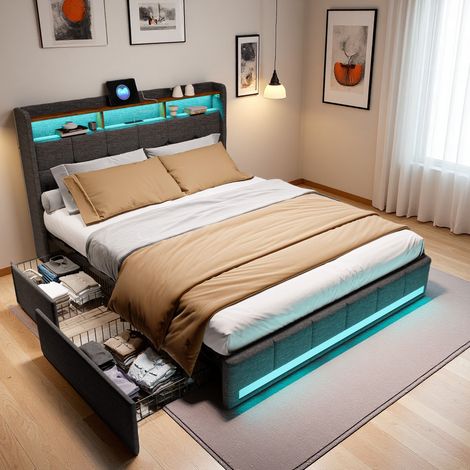 Bett 140x190 cm – mit vier Schubladen – verstellbarer LED-Beleuchtung – 2 USB-Anschlüsse und 1 USB-C-Ladeanschluss – Bettwäsche – geeignet für Erwachsene und Jugendliche – Grau
