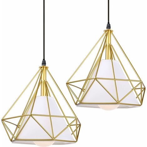 Lot de 2 Lampes de Plafond Abat-Jour en Fer Forme Diamant, Lampe Suspension Lustre Cage avec Douille Eclairage Style Industrielle Doré (sans ampoule) BLOW (1/5)