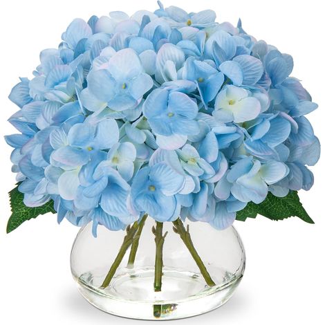1 Bouquet d'hortensias artificiels, vase en verre, eau factice, pétales en soie, décoration maison mariage bureau (1/5)