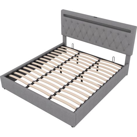 Letto contenitore 180 x 200 cm grigio in lino e MDF con LED, USB e sollevamento idraulico (1/5)
