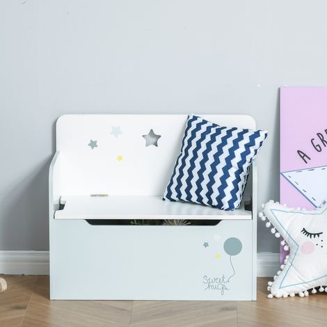 Panca Contenitore con Schienale in Legno per Bambini da 3-6 Anni, 60x30x50 cm, Azzurro