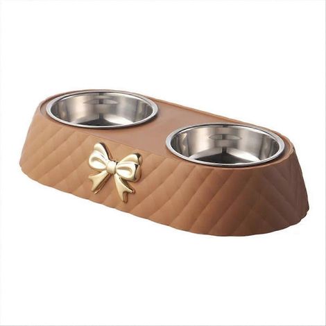 Gamelle double pour chien et chat, motif nœud papillon, marron. (1/5)