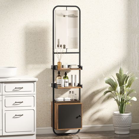 Étagère de Salle de Bain (Avec Miroir), Rangement avec Étagères Réglables + Placard, 40x30x179cm, Noir (1/5)
