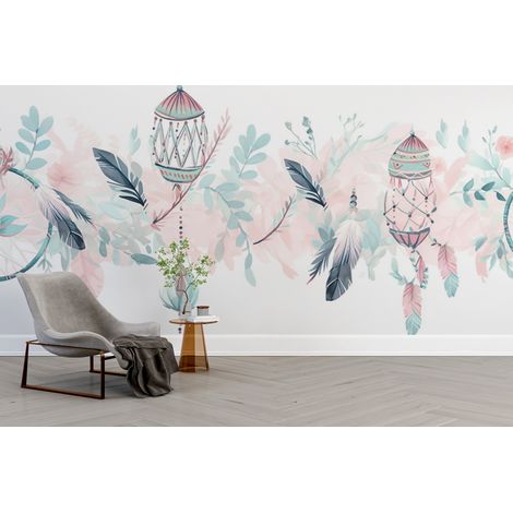 Papier peint boho - attrapes-rêves et plumes suspendues pastel - 500 x 270 cm (1/2)