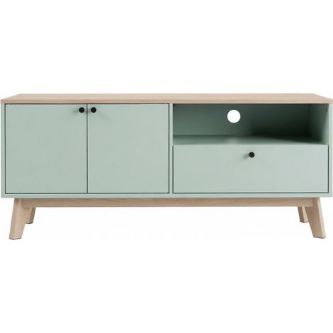 Meuble TV 120 cm pour téléviseur jusqu'à 36 pouces avec 2 portes, tiroir et étagère ouverte, finition vert clair et chêne (1/5)