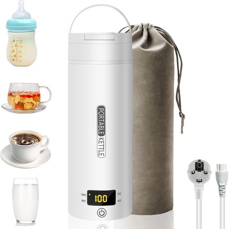 Petite bouilloire électrique de voyage, 500 ml/300 W, mini tasse à eau en acier inoxydable 316, chauffage automatiquement arrêté, avec couvercle réversible pour thé, café, lait de bébé (blanc) (1/5)