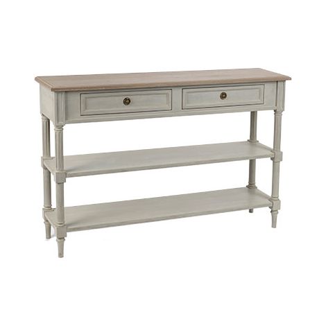 Console 2 tiroirs 2 niveaux en bois mindi 120 cm – Finition gris cérusé – Style maison de campagne chic – Rangement élégant et pratique – Amadeus