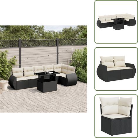 The Living Store 7-tlg. Garten-Sofagarnitur mit Kissen Schwarz Poly Rattan - Gartenmöbel Set - PE-Rattan Möbel - Outdoor Lounge - Gartenlounge - Terrassenmöbel (1/5)