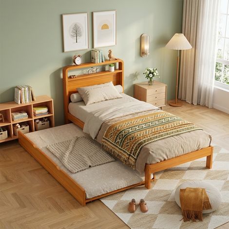 Lit gigogne, lit simple enfant 90 x 200 cm avec rangements, sans matelas, charge 120 kg, dimensions 205 x 95 x 92 cm, en pin, Effet bois naturel (1/5)