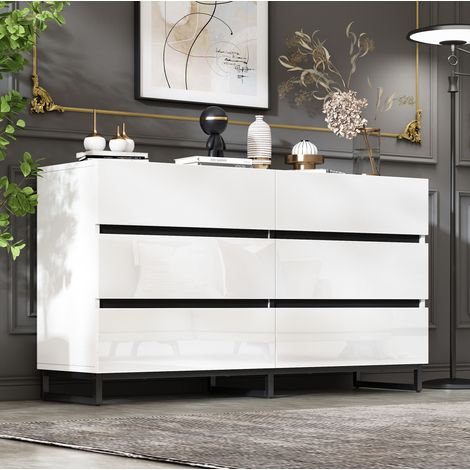 Commode en panneaux de particules blanc et noir 140 x 39,5 x 78,5 cm avec 6 tiroirs et façades brillantes (1/5)