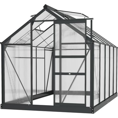 Outsunny 6 x 10ft Polycarbonate Greenhouse, Large Walk in Green House with Slide Door and Window, Garden Plants Grow House with Aluminium Frame and Foundation, Grey