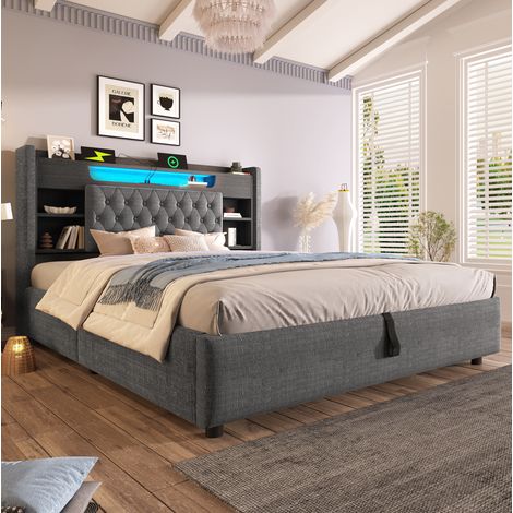 DESVIAE Lit rembourré 180 x 200 cm avec rangement hydraulique LED USB USB C tête de lit avec étagères et dossier en lin gris (1/5)