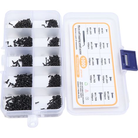 1000 vis autoforeuses mini acier carbone tete bombée noires M1 M1.2 M1.4 M1.7 avec pince assortiment (1/5)