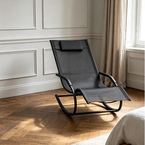 Chaise longue a dondolo da giardino con cuscino, metallo zincato e textilene, nero HAVRYA (1/5)