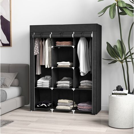 MEUBLIV Armadio in tessuto nero 125x43x162,5 cm – 2 appendiabiti, 8 ripiani (1/5)