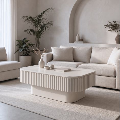 Table basse rectangulaire 98x60x35 cm en bois et MDF crème, avec rangement, salon moderne FloraGrace (1/5)