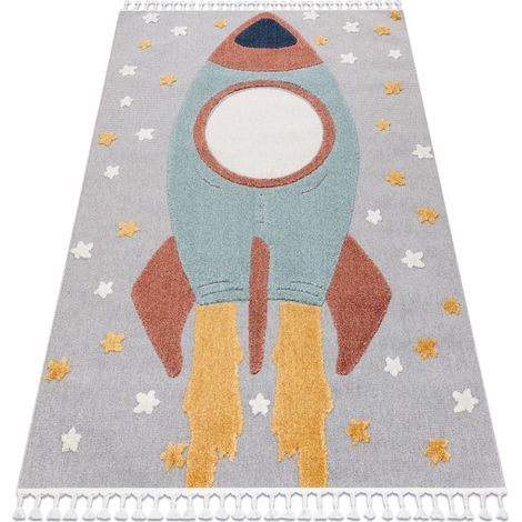 Teppich YOYO GD55 grau / blau - Sterne, Rakete für Kinder, strukturell, sensorische Fransen multicolour 120x170 cm