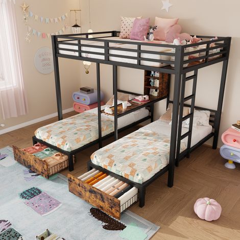 Cama litera 3 plazas con almacenaje metal MDF 140x200 OKMYHOME (1/5)