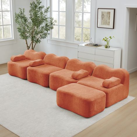 Modulares 4-Sitzer Ecksofa im Wellen-Design mit Ottomanen-Hocker, großes gestellloses Wohnzimmer-Sofa, Samtbezug mit hochdichtem 32D-Schaumstoff, Orange (1/5)