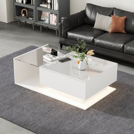 Table basse blanche haute brillance — dotée d'un plateau et d'un tiroir en verre  résistante aux rayures, elle comprend un tiroir et un éclairage LED  design de style moderne.