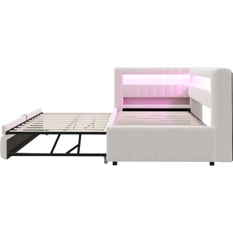 Ausziehbares Schlafsofa 90 x 200 cm aus beigem Samt mit LED, USB und Stauraum (1/5)