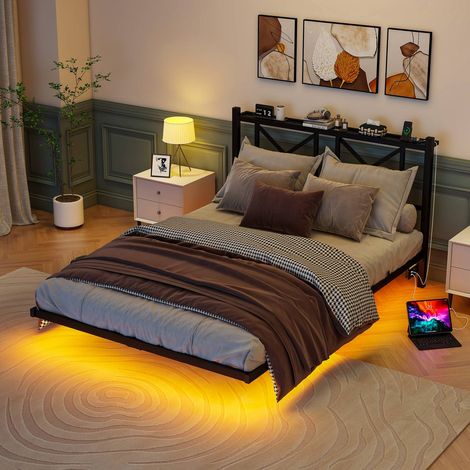Lit double 140x200 cm, cadre métallique surélevé avec tête de lit, LED et ports USB, montage facile, sans matelas (1/5)