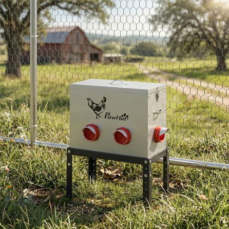 Mangeoire Automatique à Poulet 27L, 6 Ports, Hauteur Reglable, Couvercle Verrouillable, 42x25x55cm, Acier, Argent