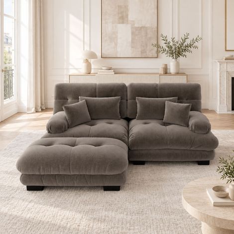 Canapé modulable 2 places en chenille marron avec 2 ottomans mobiles, 2 coussins lombaires, 2 coussins déco et larges accoudoirs (1/5)