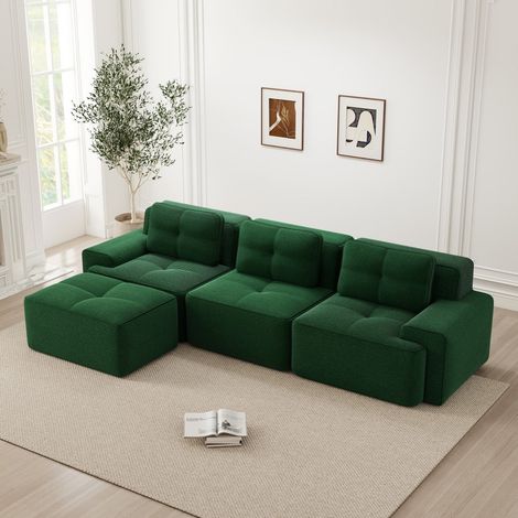 Divano modulare a L 293x177x69 cm - Divano ad angolo a 3 posti con pouf in velluto a coste e seduta profonda - Verde (1/5)