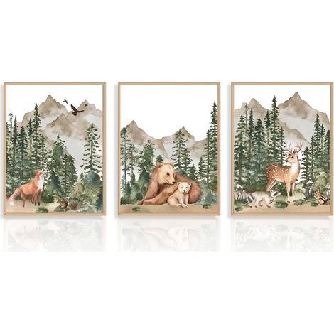CCYKXALot de 3 Affiches d'art Mural sur Les Animaux, Impression de Cerfs, d'Ours et de Renards,Poster Aquarelle Animaux de la Forêt pour 30x40 cm Sans Cadre (1/5)
