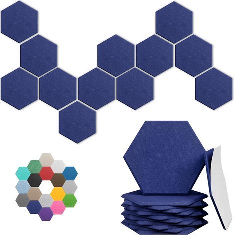 Lot de 12 panneaux acoustiques hexagonaux, 30 x 26 x 1 cm, réduction du bruit améliorée, design DIY pour studios et bureaux (bleu saphir) (1/5)