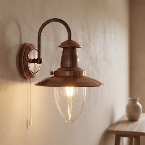 Wandlampe mit Schalter in Kupfer Maritim H: 26 cm Metall Glas E27 Wandleuchte innen