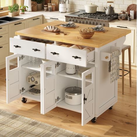Carrito de cocina con 5 ruedas, 4 puertas, 2 cajones, bandeja de mesa plegable, toallero, especiero, blanco (1/5)