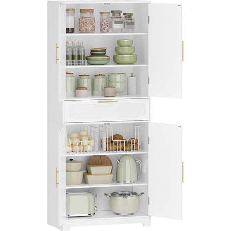 Credenza Cucina Alta, con 4 Ante, Mobile Dispensa Cucina con Cassetto, Ripiano Regolabile, per Soggiorno, Cucina, Sala da Pranzo Bianco (1/5)