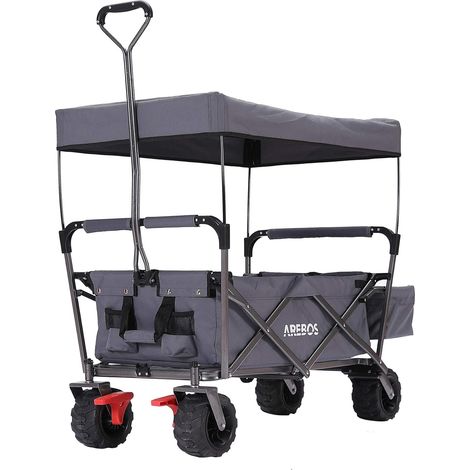 Arebos – Chariot de jardin pliable avec toit – Charge max 100 kg – Roues pivotantes 360° – Sac XXL intégré – Tissu Oxford 600D imperméable