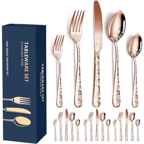 Lot de 20 couverts en acier inoxydable poli avec miroir à fleurs pour 4 personnes, couteau, fourchette pour cuisine, restaurant, fête (Or rose) (1/5)