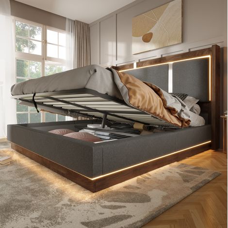 FLORAGRACE Lit adulte 140x200 cm en lin gris avec sommier à lattes, LED, coffre de rangement à vérin hydraulique, sans matelas (1/5)