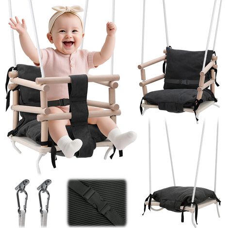 TolleTour Kinderschaukelsitz aus Holz mit grauem Kissen, verstellbare Seile, Babyschaukel ab 12 Monaten (1/5)