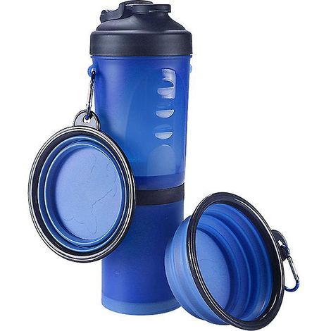 (bleu)bouteille D'eau Animaux Compagnie Et Conteneur Voyage Alimentaire Extrieur Portable 2 En 1 Bouteille  Double Chambre Avec 2 Pliant Bols Eau (1/5)