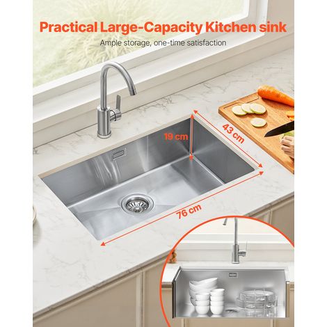 Évier de cuisine, 76 cm, évier sous plan en acier inox 304, évier à encastrer cuve simple avec accessoires, évier de lave-vaisselle… (1/5)