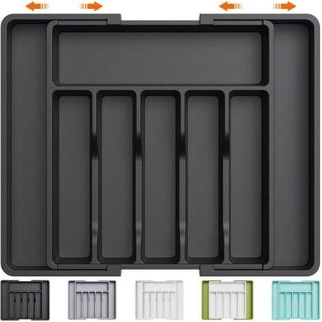 Range Couverts, Plateau d'Ustensiles Extensible pour Tiroir, Organisat de Tiroir Réglable pour la Cuisine, Rangement Compact en Plastique pour contenir des Cuillères, Fourchettes, Noir