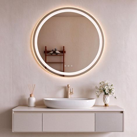 LED Badspiegel 90 cm runder beleuchteter Badezimmerspiegel mit Beleuchtung Touchschalter, 3 Lichtmodi, dimmbar, beschlagfrei, IP67 (1/5)