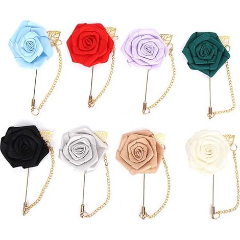 Lot de 8 broches boutonnières pour homme en forme de rose, faites main, avec chaîne en métal et feuille dorée. Broche en forme de