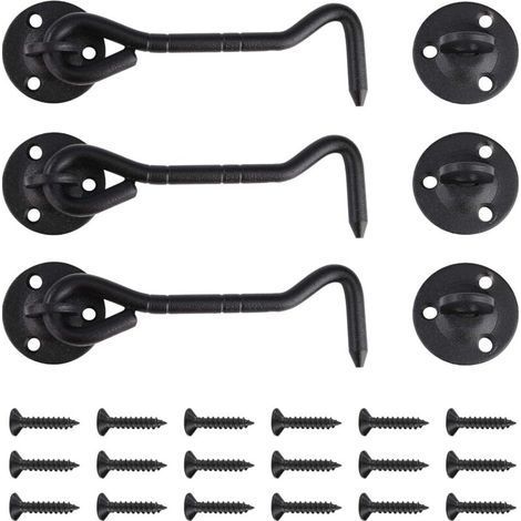 Black Cabin Hook Gate Latch Stainless Steel with Mounting Screws for Warehouse Door Window Pet Door 3 Pieces 100mm (1/5)