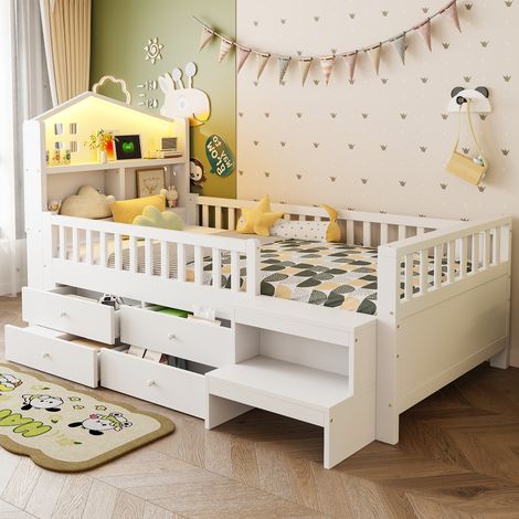Letto per bambini 90x200 cm con 4 cassetti, letto singolo con illuminazione LED, porta USB + Type-C, rete a doghe, anticaduta, legno, bianco (1/5)