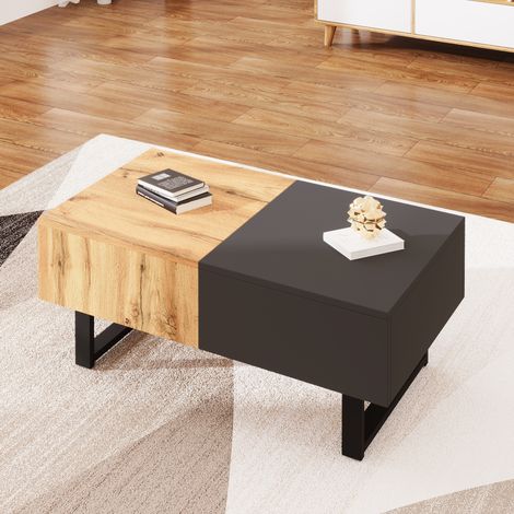 Table basse coulissante extensible avec rangement caché, style industriel bicolore bois et gris anthracite, pieds métal pour salon moderne, 100-155 x 55 x 40 cm - nature+noir (1/5)