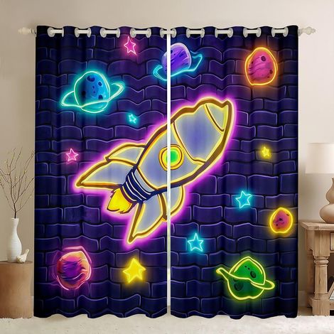 Rideau de fenêtre fusée pour chambre à coucher, motif planètes néon multicolores pour filles et adolescents, mur de briques rustiques brillantes violet décor microfibre traitement de - 245x140cm (HxB) (1/5)