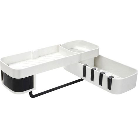 Étagère d'angle de salle de bain multifonctionnelle à double niveau, support de rangement mural pour cuisine, sans traces, blanc et noir. (1/5)