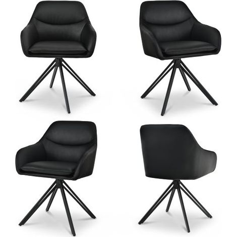 Bon Furni Piel Sintética Silla de comedor Negro, Set de 4, giratoria 360°, acolchada gruesa, ergonómica con reposabrazos